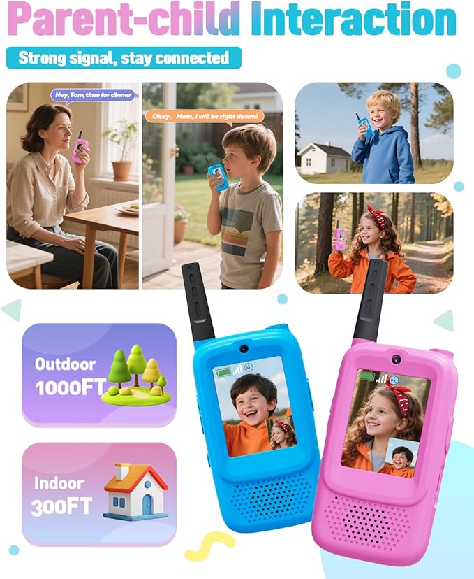 Video Walkie Talkies for Kids, 2-Pack Rechargeable Kids Walkie Talkies with HD Camera, Voice Changer & Long Range, Indoor Outdoor Toys for Hiking,Camping,Christmas Birthday Gifts for 3-12 Boys Girls