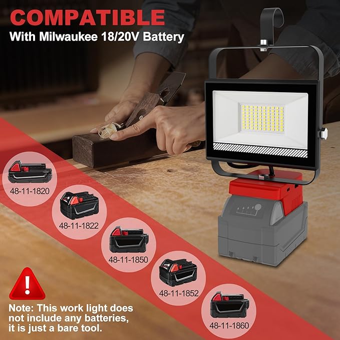 60W 6000LM Cordless Work Light Compatible with Milwaukee 18V Battery (Battery Not Included), Portable LED Flashlgiht Flood Light with USB &Type C Charging for Job Site, Emergency, Camping