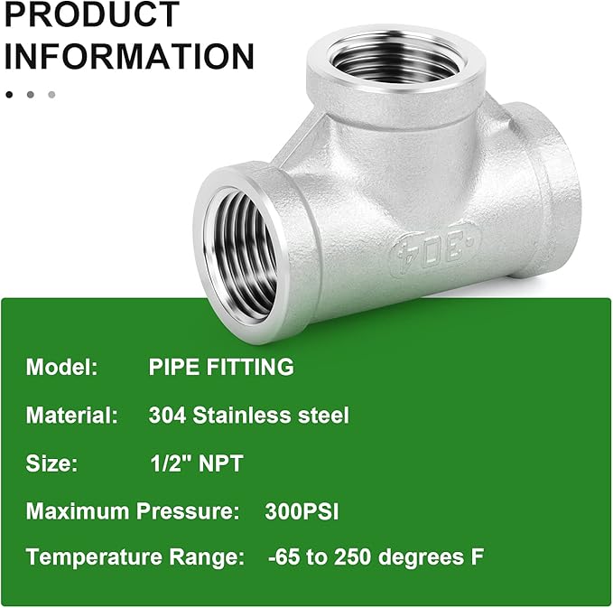 TAISHER 2PCS Stainless Steel Tee Pipe Fittings, 1/2" x 1/2" x 1/2" NPT Female Pipe Fittings