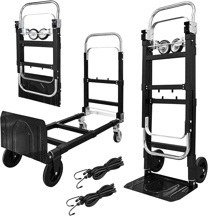 3-in-1 Aluminum Hand Truck Dolly, 600 lbs Heavy Duty Folding Trolley with Universal Wheels, Convertible Hand Truck with Tie Down Straps for Warehouse, Supermarket, Office (Black)