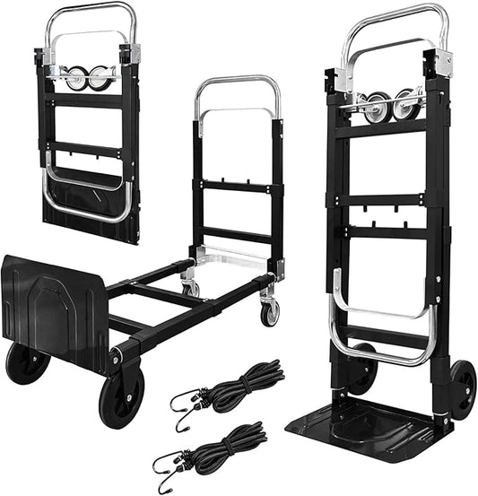 3-in-1 Aluminum Hand Truck Dolly, 600 lbs Heavy Duty Folding Trolley with Universal Wheels, Convertible Hand Truck with Tie Down Straps for Warehouse, Supermarket, Office (Black)