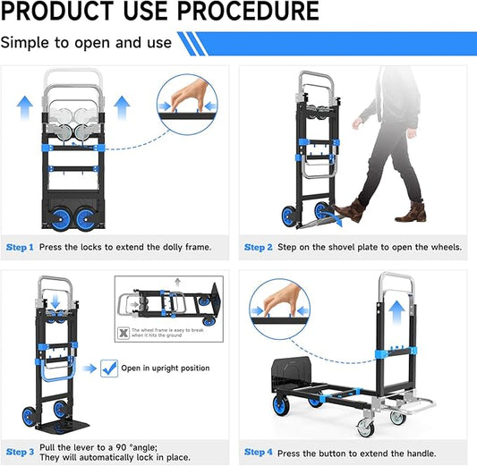 3-in-1 Heavy Duty Folding Hand Truck, 500LB Capacity Convertible Steel Dolly Cart with 360° Swivel Wheels & Telescopic Handle, Foldable Utility Wagon for Moving, Warehouse and Shopping