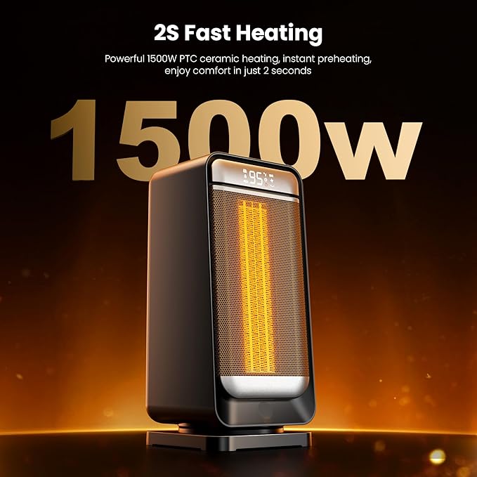 Space Heater,1500W Portable Heaters for Indoor Use with Thermostat, 70°Oscillation, Digital Display, 12H Timer,Electric PTC Ceramic Fast Safety Heat for Office Bedroom Desk