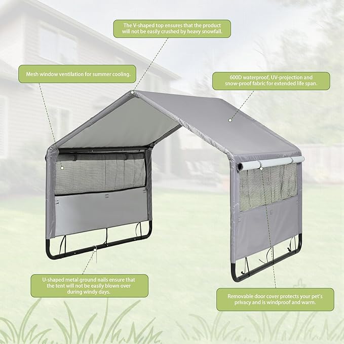 Large Dog House Shade Shelter Outdoor Tent for Large Medium Dogs, Outside Sun Rain Canopy Pet House for Homeless Cats Pigs Livestock with Rainproof Cover with Artificial Grapevine Leaves