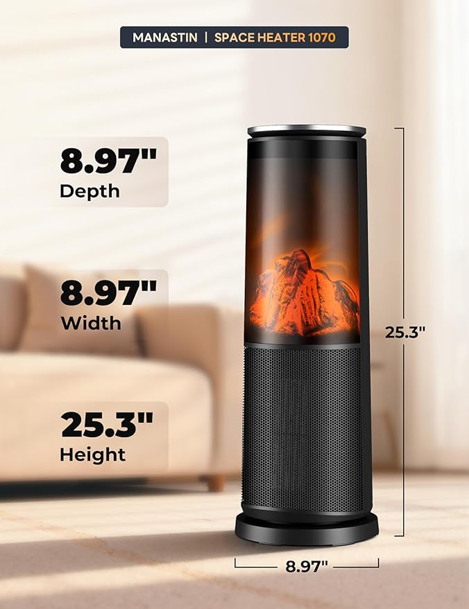 Manastin Space Heaters for Indoor Use, 120° Oscillation Electric Heater with Remote, Adjustable Thermostat, Flame Effect, 24H Timer, Safety Protection, Portable Heater for Large Room, Office