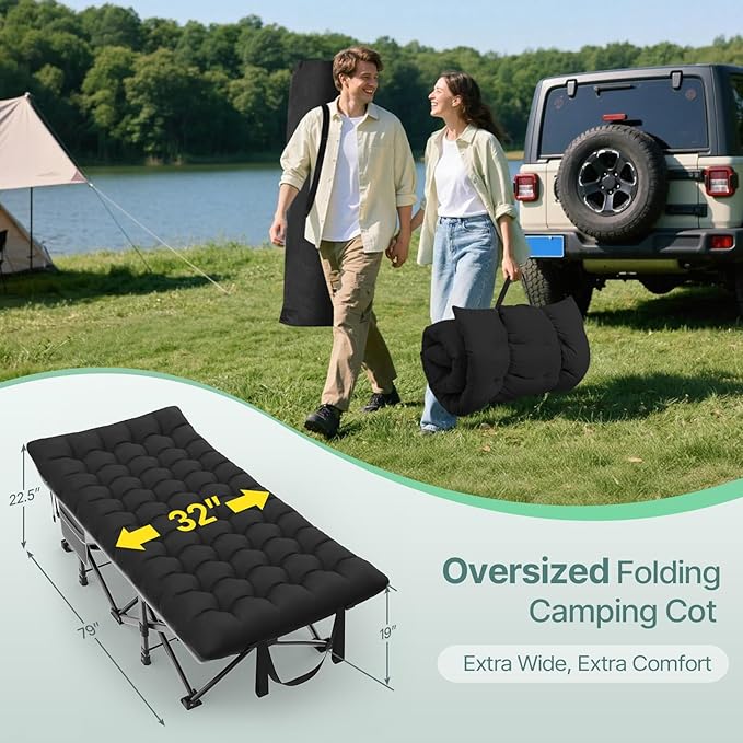 Suteck 32In XXL Folding Camping Cot, 900LBS Heavy Duty Sleeping Cot with Pillow Mattress, 1200D Double-Layer Oxford Portable Cot for Adults with Carry Bag for Home Office Nap Beach Travel