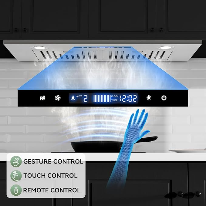 Hermitlux 30 inch Built-in/Insert Range Hood, 600 CFM Stainless Steel Vent Hood with 3 Speed Gesture Sensing & Touch Control Panel, Ducted/Ductless Convertible, LED Light and Charcoal Filters