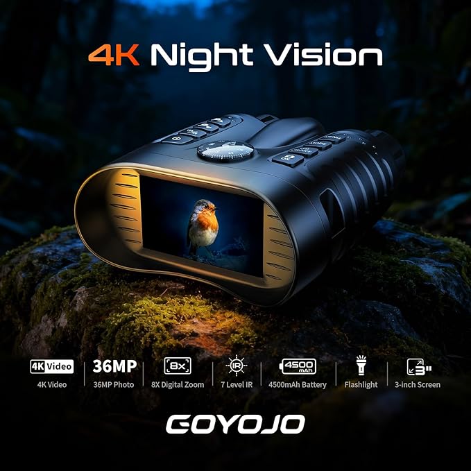 GOYOJO Night Vision Goggles — 4K Night Vision Binoculars Built-in IR Illumination for Hunting Camping, 4500mAh Rechargeable Battery, 32GB Card for Video and Photo Recording