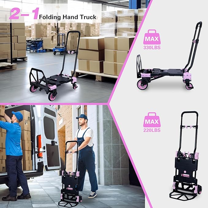 2 in 1 Folding Hand Truck,330LB Folding Dolly Cart with Wheels,Hand Truck Foldable with Telescoping Handle,Collapsible Portable Dolly with 2 Elastic Ropes for Moving(Pink)
