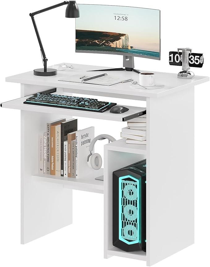 ALISENED Home Office Computer Desk with Monitor Stand Keyboard Tray, 31.5 Inch Study Writing Desk Small PC Laptop Table with Storage Shelves, Modern Workstation for Small Spaces Save Space, White B