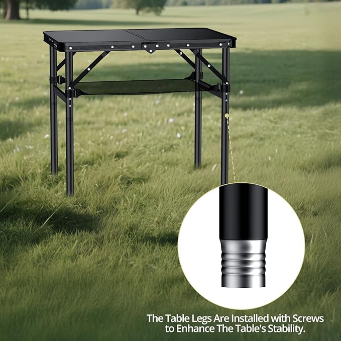 Anbte 2ft Folding Camping Table Max 29.5", 3 Adjustable Height Aluminum Small Folding Table with Storage Net & Portable Handle, Lightweight, for Travel Outdoor Beach Picnic Camp, 23.2" x 16", Black