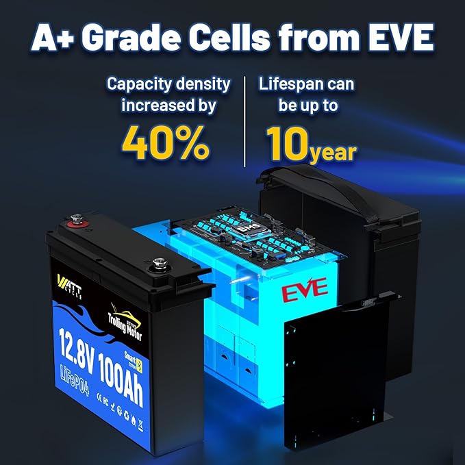 Wattcycle 12V 100Ah LiFePO4 Battery 3 Pack, Lithium Battery 12V 120A BMS, IP67 Marine Batteries for Trolling Motor, Built-in Bluetooth, Monitor, Mobile APP, Perfect for RV, Marine, Home Energy, Solar