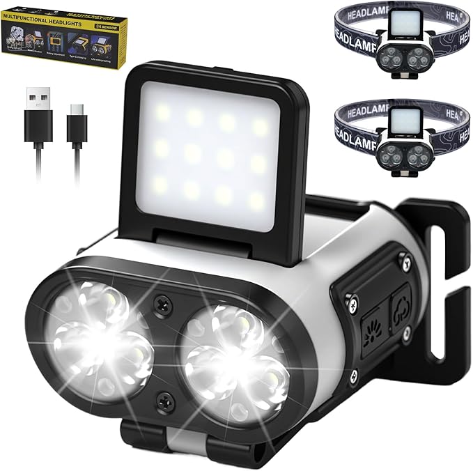 2 Pcs LED Hat Light, 900lm Dimmable Clip on Cap Lights, Headlamp Rechargeable, 180°Adjustable Hands Free Hat Flashlight Headlamp Waterproof for Hiking, Running, Fishing, Cycling, Emergency (White)