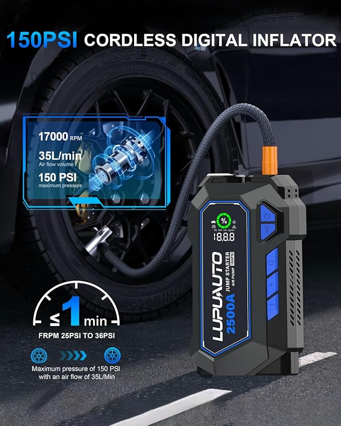 2500A Jump Starter with Air Compressor, Battery Booster 150 PSI Cordless Tire Inflator, 12V Supersafe Jump Box, Portable Car Chargers & Jump Starter for up to 7.5-Liter Gas and 5.0-Liter Diesel