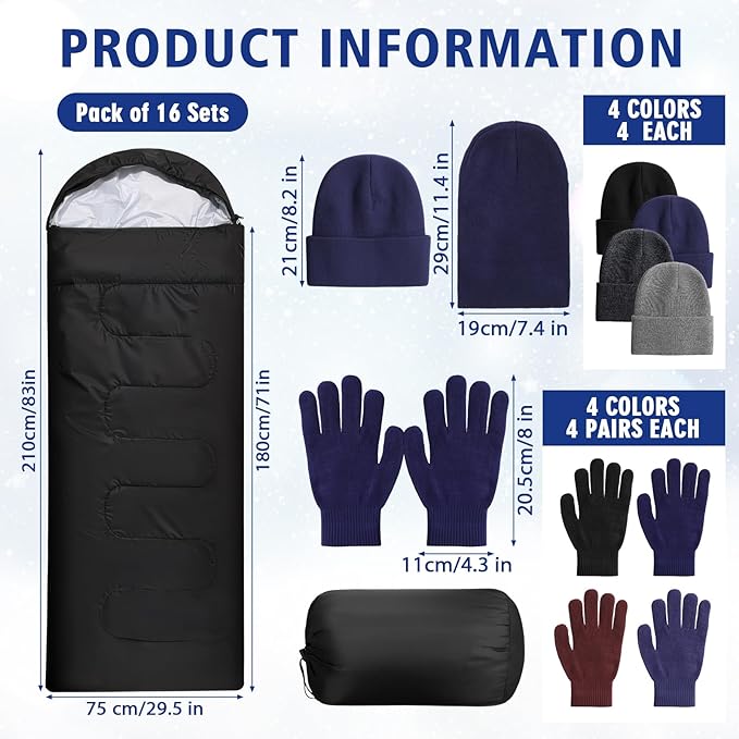 48 Pcs Sleeping Bags for Homeless Winter Beanies Gloves for Homeless Donation Shelter Season Warm Sleeping Bag Bulk with Sack Fleece Gloves and Hat for Cold Weather Emergencies Charity