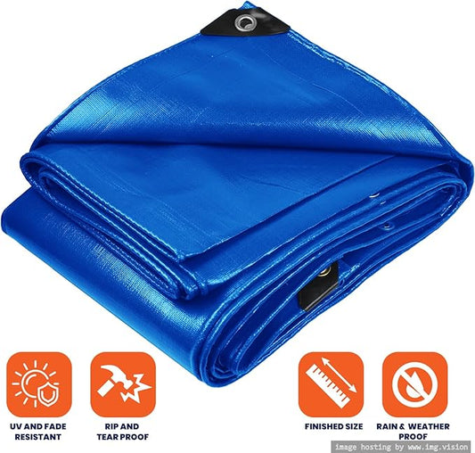 Tarpco Safety Extra Heavy Duty 14 Mil Tarp Cover, Waterproof, UV Resistant, Rip and Tear Proof, Poly Tarpaulin with Reinforced Edges for Roof, Camping, Patio, Pool, Boat (Blue 10′ X 10′)