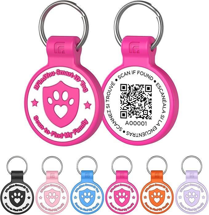 Silicone Dog Tags Personalized for Pets with QR Code, Emergency Contact Info, Anti-Lost, Scan Location Alerts(Rose Red-L)