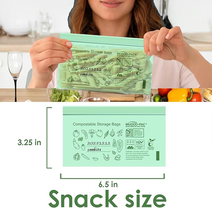 Compostable Snack Storage Zip Bags, 300 Count | 2 Mil | 6.5 IN x 3.25 IN, Freshness Easy Open Biodegradable Eco-Friendly Reclosable Compost zipper Bags for Food On the Go