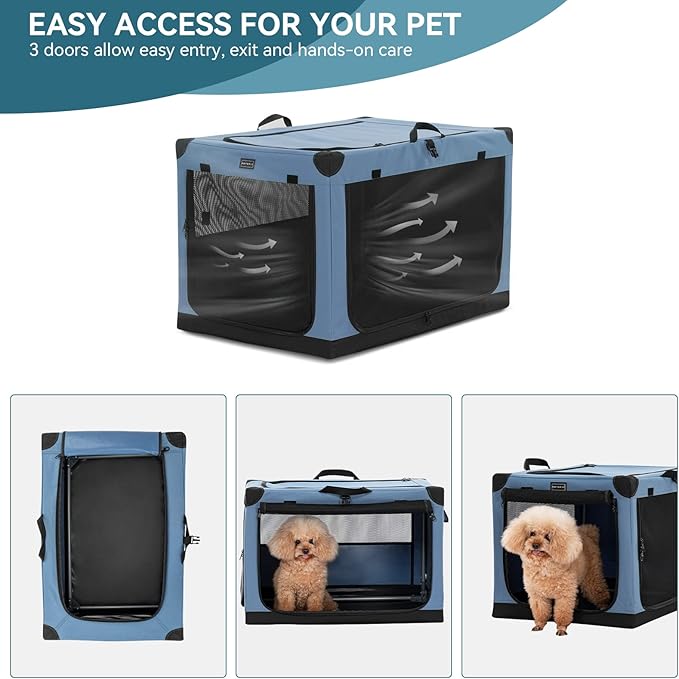 PETSFIT Dog Travel Crate, with Patented Adjustable Fabric Cover, Chewproof & Lockable Mesh Doors, Waterproof Base Soft Sided Kennel Blue 26 Inch