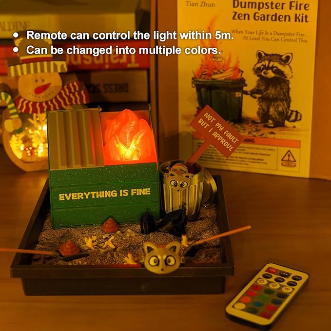 Tian Zhun Dumpster Fire Zen Garden for Desk LED Mini Zen Garden Funny Sand Tray Therapy Kit Office Gift white Elephant Gifts Gag Gifts for Work Coworkers Men Boss Adults