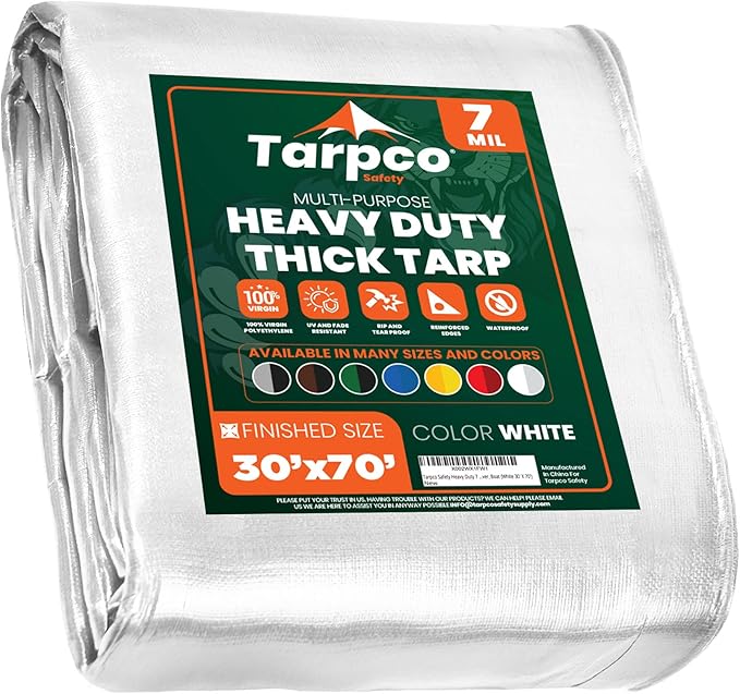 Tarpco Safety Heavy Duty 7 Mil Tarp Cover, Waterproof, UV Resistant, Rip and Tear Proof, Poly Tarpaulin with Reinforced Edges for Roof, Camping, Patio, Pool Cover, Boat (White 30′ X 70′)