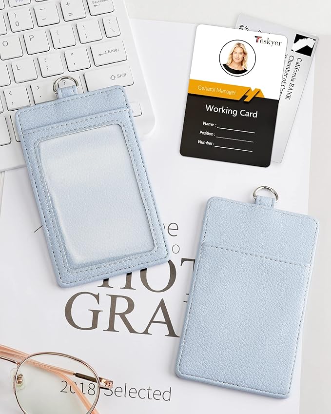 Teskyer Badge Holder with Lanyard, Leather ID Name Badge Card Holder with Lanyard for ID Badges, Vertical, Lychee Pattern Cyan