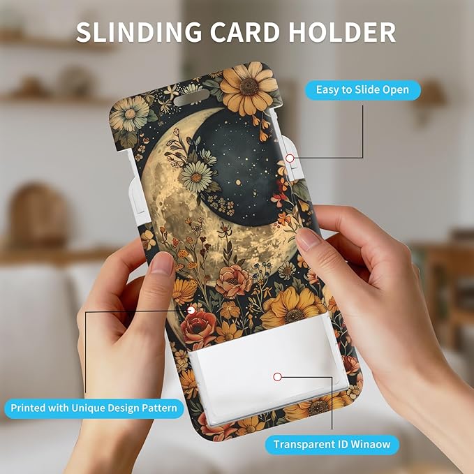 ID Badge Holder with Retractable Lanyard for Women & Men,Vertical ID Card Holder Wallet,Clear Window&Card Slot,Detachable Neck Strap for Nurse Teacher Office,Floral Moon