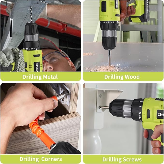 FADAKWALT Cordless Drill Set, 20V Electric Power Drill with Battery And Charger, Torque 30N, 21+1 Torque Setting, 3/8-Inch Keyless Chuck, Drill Driver Bits Kit, with LED