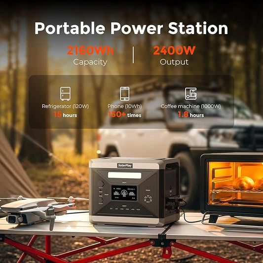 SolarPlay Solar Powered Generator 2400W/2160Wh, for Camping, Home Backup, and Power Outages, Fast Charging LFP Battery, 4 AC Outlets Emergency Q2501 Portable Power Station