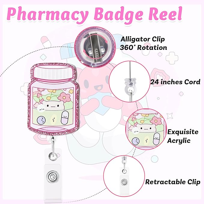 Pink Pill Box Badge Reel with Alligator Clip Funny ID Badge Holders Cute RN LPN CNA MA PCT Badge Buddy Nursing Medical Students Pharmacists Nurse Accessories for Work