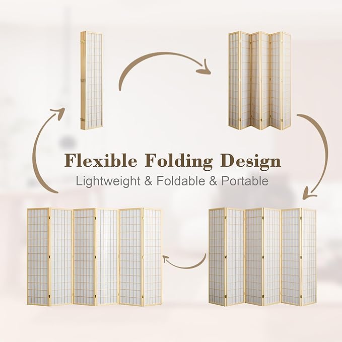 WelFurGeer 6 Panel Room Divider, Folding Privacy Shoji Screens, Room Partitions and Dividers, Decorative Room Dividers, Wall Dividers for Room Separation, Japanese Wood Room Divider for Home (Natural)