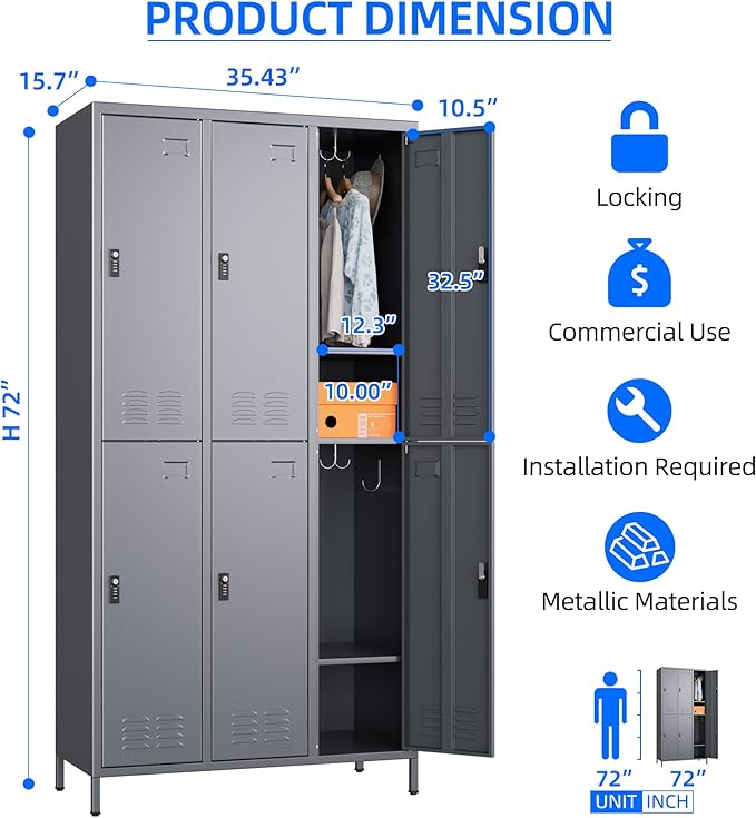 Metal Locker for Employees with Combination Locks,Metal Lockers with Business Card Holder and 18 Hooks for School Garage Office Gym Home,Assembly Required,Dark Grey