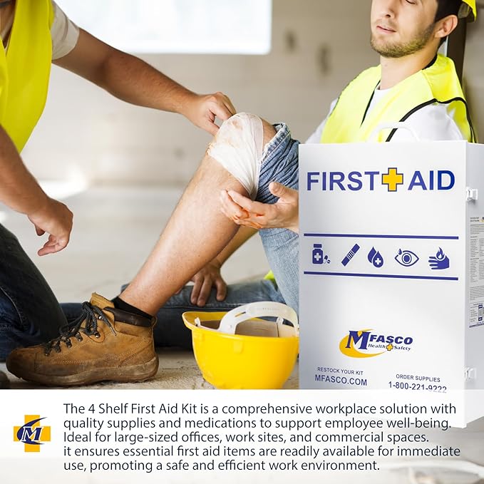 MFASCO Workplace Metal First Aid Kit - 4 Shelf Wall Mount Cabinet with Medications - Large Metal First Aid Box for Office with Supplies - Commercial Grade for Businesses - Emergency Preparedness