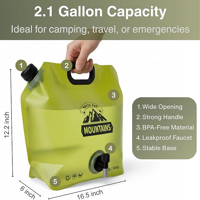 Camping Water Container 2 Gallon Collapsible Water Jug with Spout - Reusable BPA Free Plastic Flasks, Foldable Empty Gallon Jug for Water Storage, Water Bag for Outdoor Hiking Emergency Prep (2 Pack)