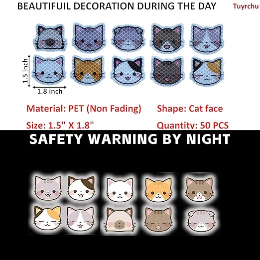 Reflective Stickers 50 Pcs, Outdoor Waterproof High Visibility Warning Safety Adhesive Reflector (1.5" X 1.8", Cat face)