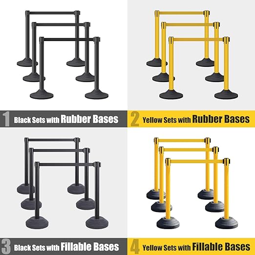 6 Pack Premium Crowd Control Stanchion Set, 40" H Delineator Post with 10' Feet Retractable Belt, Heavy-Duty Base, Safety Rope Barriers for Traffic Queue (Heavy Rubber Base, Black)