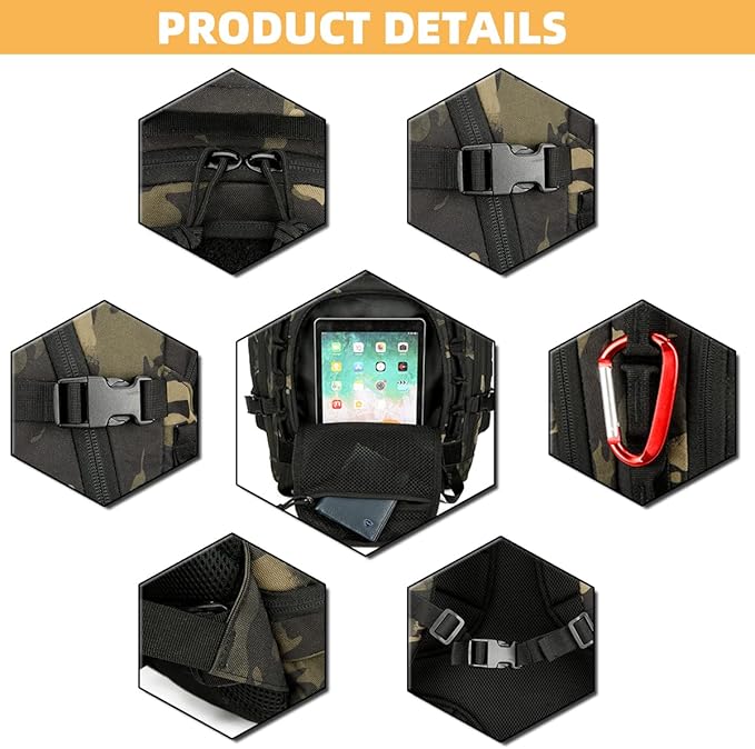 45L Tactical Backpack for Men and Women Large Military Tactical Backpack Heavy Duty Molle Assault Pack Daypack for Hiking Camping Travel Work Gym Outdoors (Black Camo)