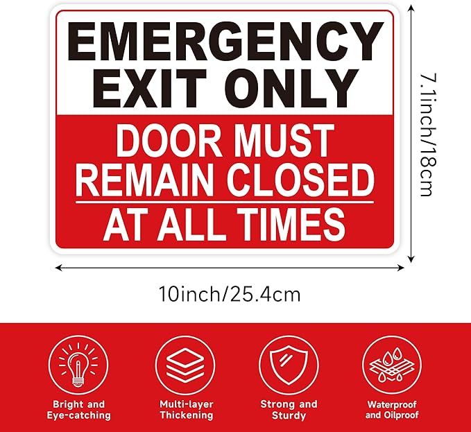 Emergency Exit Only Signs Sticker，Self Adhesive UV, Weather, Scratch, Water & Fade Resistant Door Must Remain Closed At All Times sign for Business, Schools, Offices, Storage Rooms, Hospitals