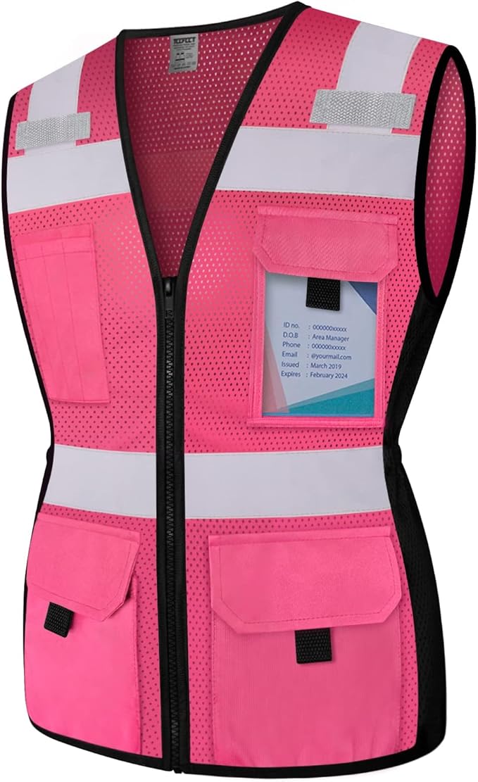 TCCFCCT Pink Construction Vest 11 Pockets Snug-Fit Reflective Safety Vest for Women, Neon Women High Visibility Vest for Lady Contractors/Surveyors/Workers, Durable,Meets ANSI, Pink L