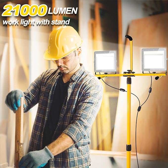 Work Lights with Stand 21000 Lumen, 2 Adjustable Heads Work Lights on Stand, with Adjustable and Foldable Tripod Light Stand for Outdoor Indoor Workshop Garage Construction Site Lighting