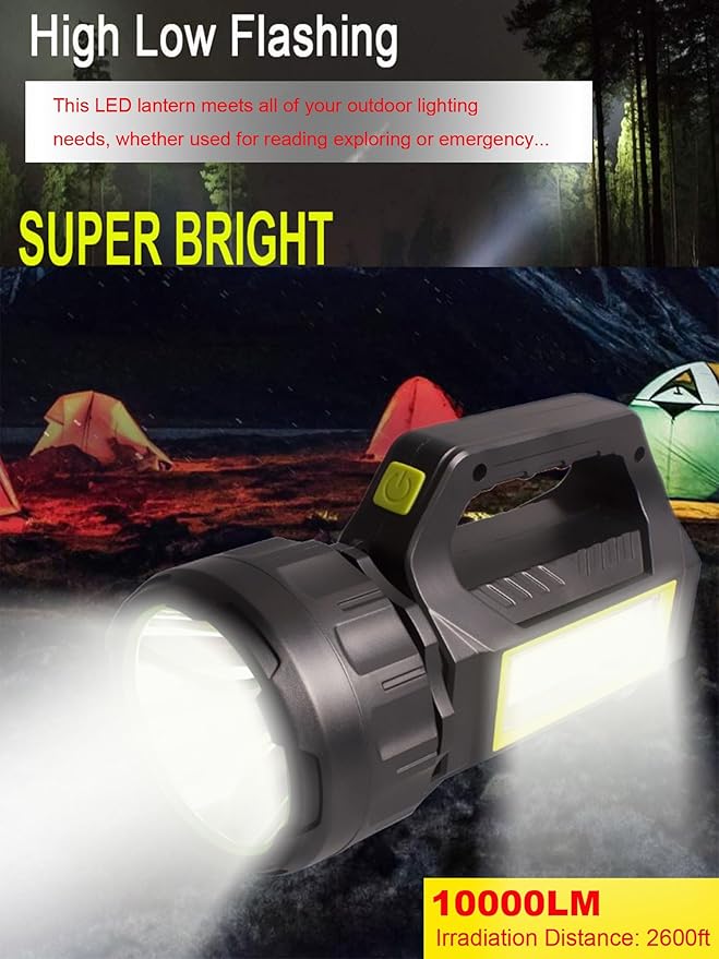 SUYOOULIN Solar LED Spotlight Lantern, Rechargeable Super Bright 10000LM Handheld LED Searchlight Flashlight, Multifunction Camping Lantern Work Light, 5 Light Modes, Waterproof, for Emergency, Home