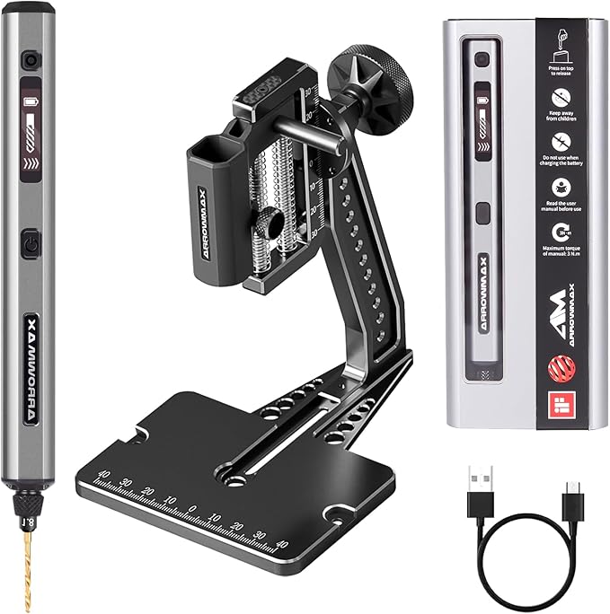 AM ARROWMAX Mini Electric Drill Pen with Benchtop Press, 5-Speed, 10 Small Drill Bits with Aluminium Box, LED Lights, OLED Display, Resin Drill Set For Jewelry Making, Plastic, Wood (SDS ULTRA PLUS)