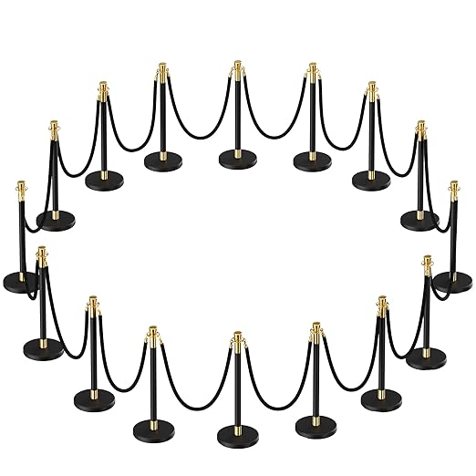 16pcs Sturdy Stanchion Posts, 16pcs High Quality Black Velvet Ropes, Water/Sand/Concrete Fillable Leakproof Base, Crowd Control Barriers for Birthday, Prom, Business, Wedding, Red Carpet