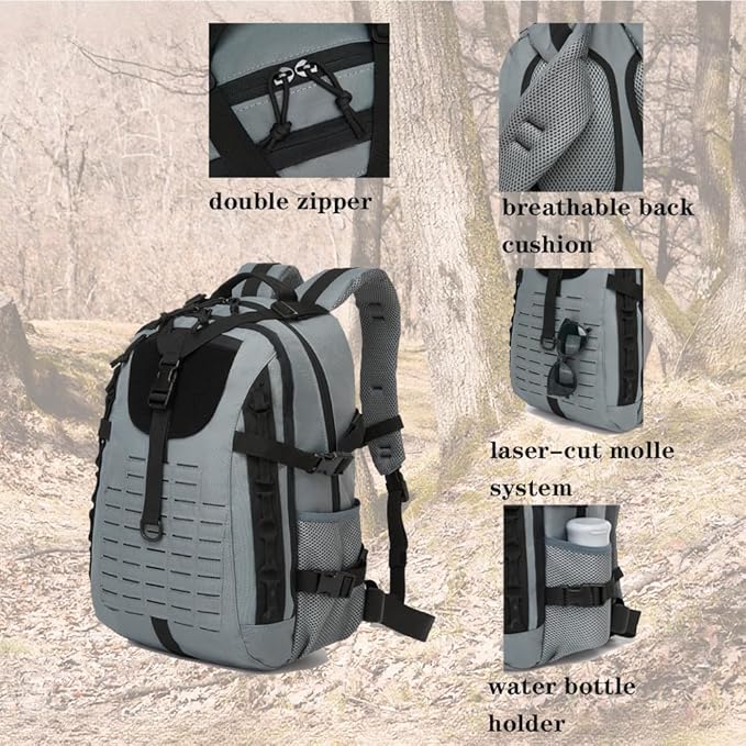 Military Tactical Backpack For Men Laser-Cut Molle Daypack 3 Day for Hiking,Working,Travel (black grey)