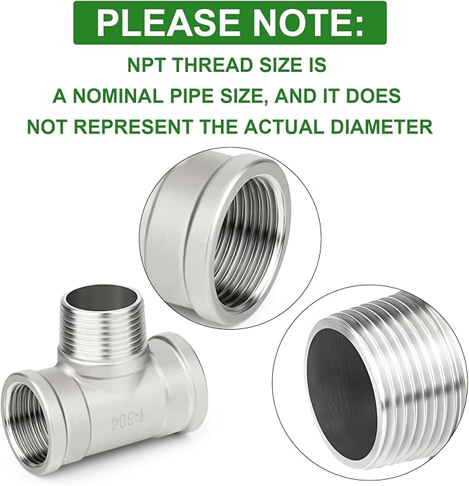 TAISHER 2PCS 304 Stainless Steel Tee Pipe Fittings, 1" NPT Female x 1" NPT Male x 1" NPT Female Pipe Fittings, Male Branch Tee