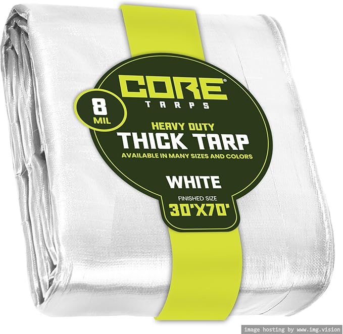 Core Tarps Heavy Duty 8 Mil Tarp Cover, Waterproof, UV Resistant, Rip and Tear Proof, Poly Tarpaulin with Reinforced Edges for Roof, Camping, Patio, Pool, Boat. (White 30′ X 70′)