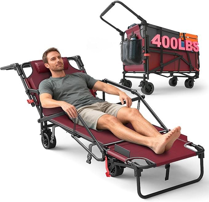 LEVELEVE Heavy Duty Folding Wagon - 2-in-1 Collapsible Cart, 400lb Capacity, All-Terrain Wheels w/Brakes & Side Pockets (Red)
