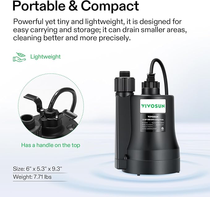 VIVOSUN Submersible Water Pump, 1/3HP 1980GPH Utility Pump, Thermoplastic Sump Pump with 10ft Cable, Compact and Portable, Ideal for Ponds, Basements, Swimming Pools, Hot Tubs Draining