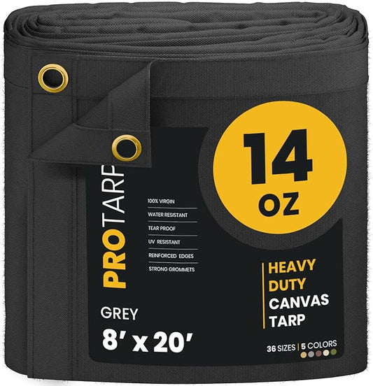 PROTARP Heavy Duty 14 OZ Water Resistant Canvas Tarp, UV Resistant Tarpaulin Cover with Rustproof Brass Grommets, Multipurpose for Canopy, Roof, Camping, Woodpile (Grey 8'X20')