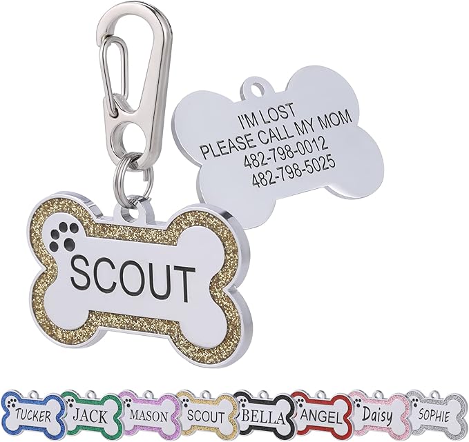 Personalized Stainless Steel Pet ID Tags with Glittery Bone Design - DEEP Engraved Dog Tags Engraved for Pets Customized with 5 Lines Dogs and Cats Pets